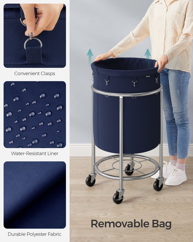 Rolling Laundry Hamper with Casters – Charcoal Blue & Metallic Silver