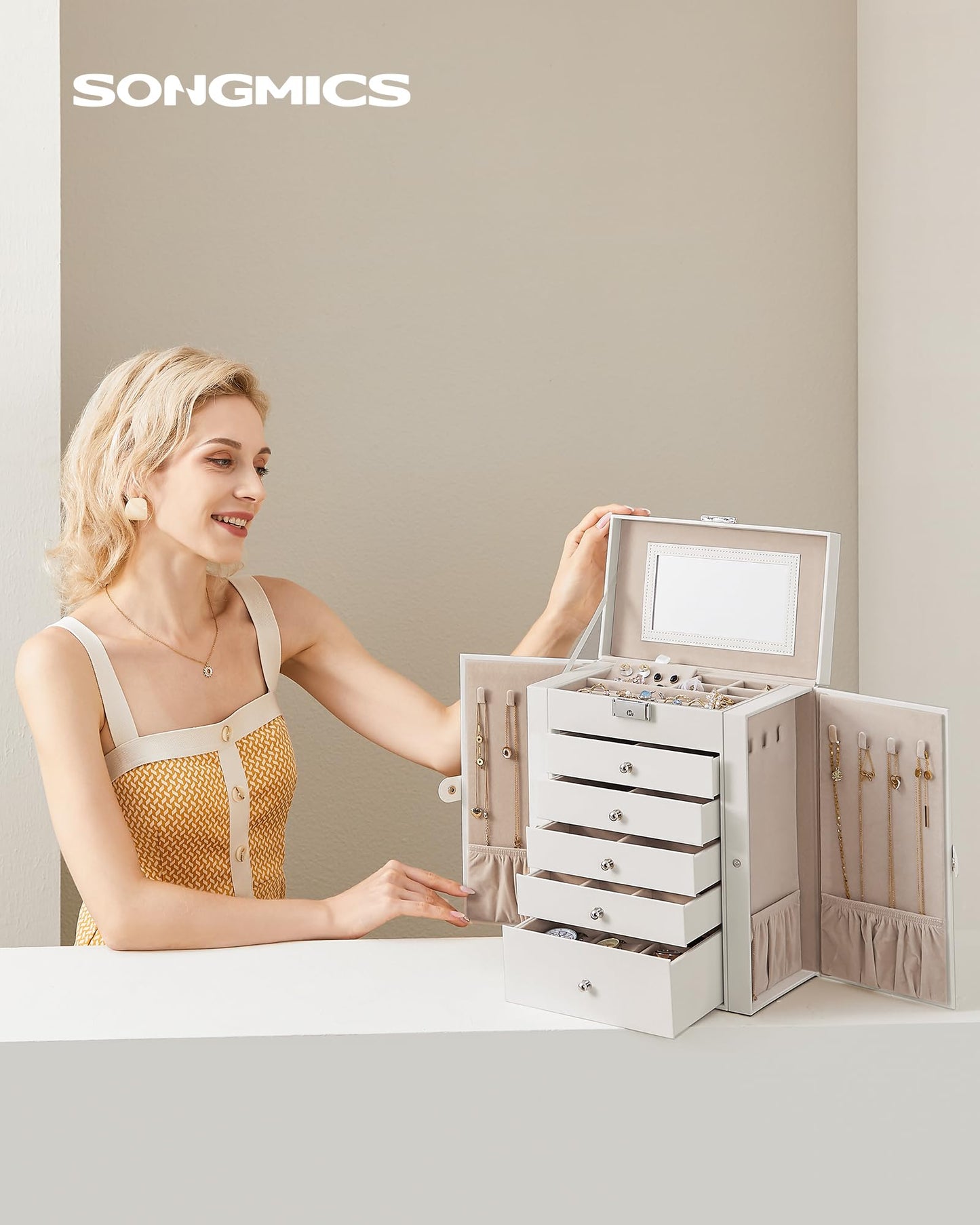 6-Tier Lockable Jewelry Organizer with Mirror