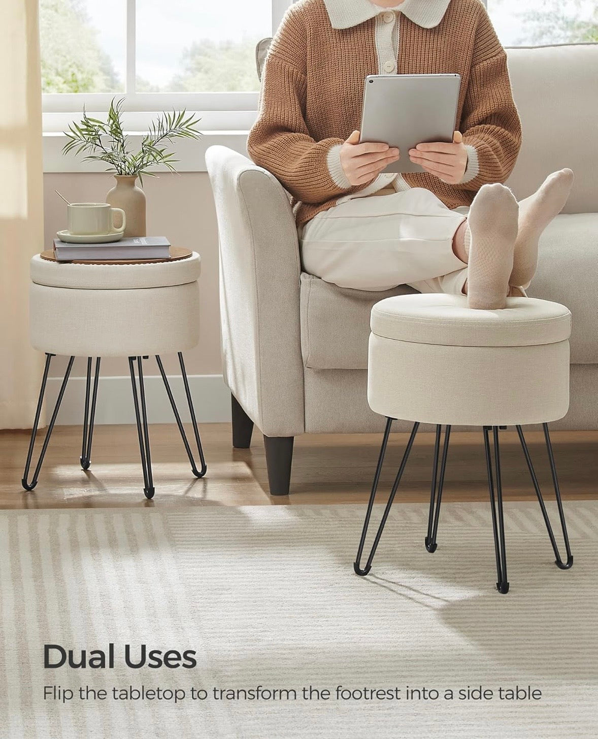 SONGMICS Round Storage Ottoman Stool