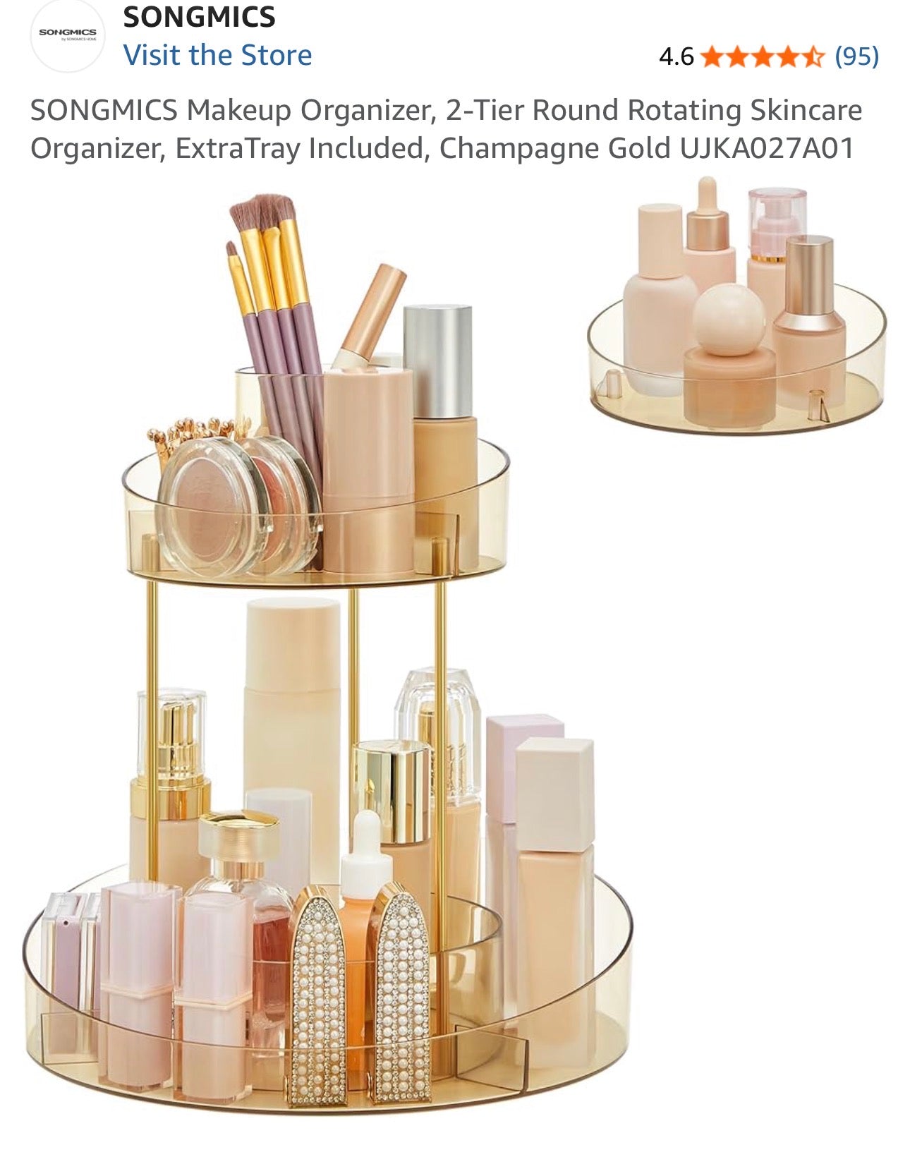 SONGMICS HOME 2-Tier Rotating Makeup Organizer with Extra Tray