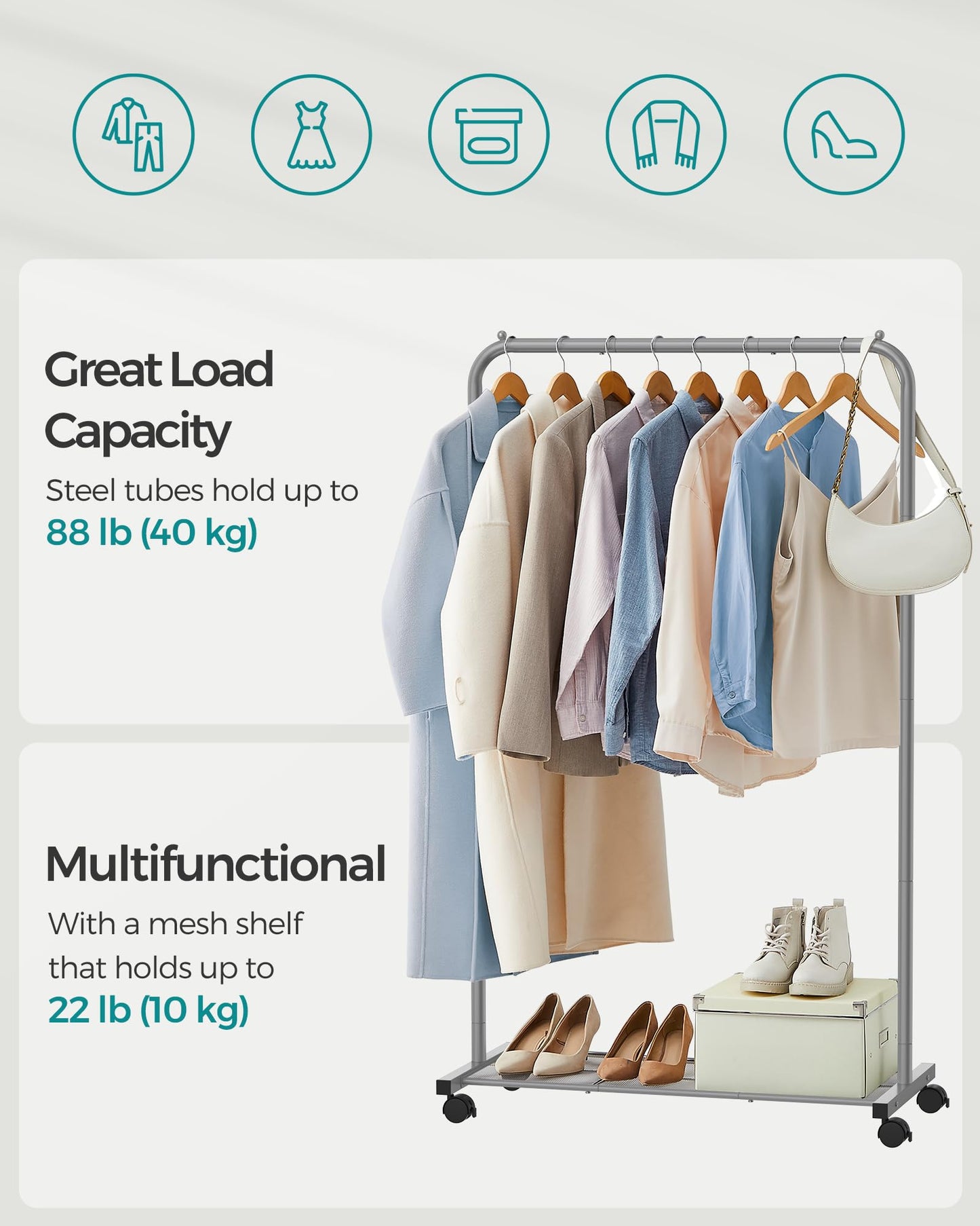 SONGMICS Rolling Garment Rack with Storage Shelf