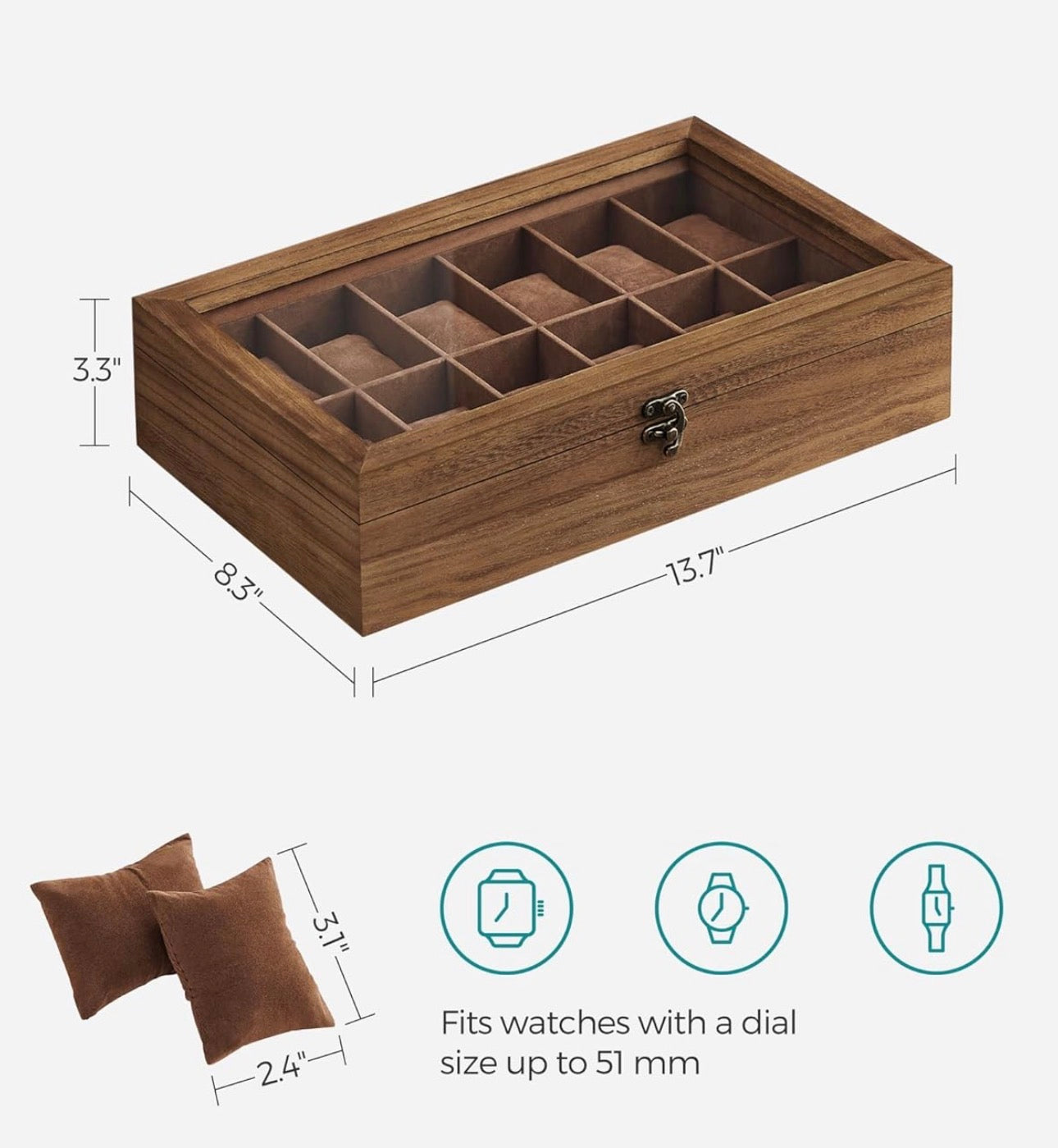 SONGMICS 12-Slot Wooden Watch Box – Rustic Walnut