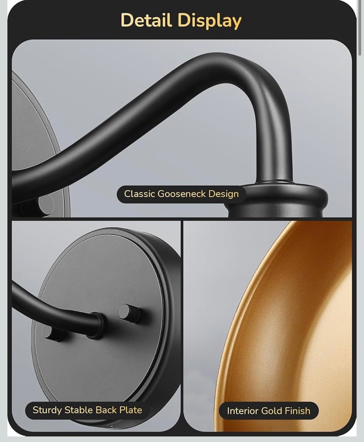 EDISHINE Dusk-to-Dawn Gooseneck Wall Light – Black & Gold (2-Pack)