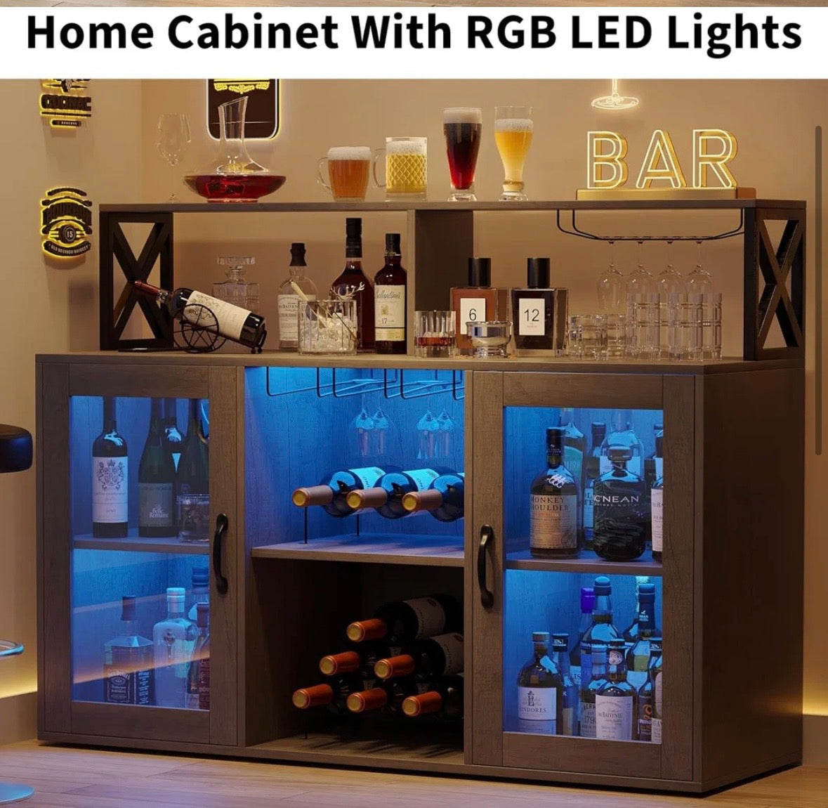 Modern Bar Cabinet with LED Lights & Charging Station