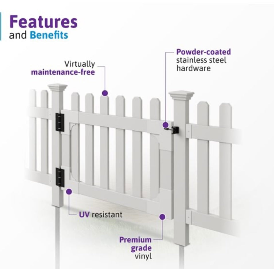 Newport No-Dig Vinyl Picket Gate — 42” Weather-Resistant White Fence Gate