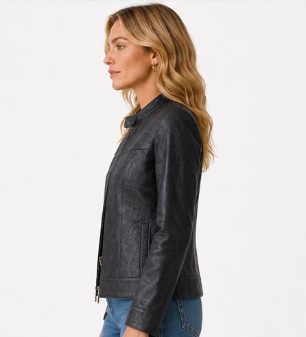 Women’s Embossed Biker Leather Jacket
