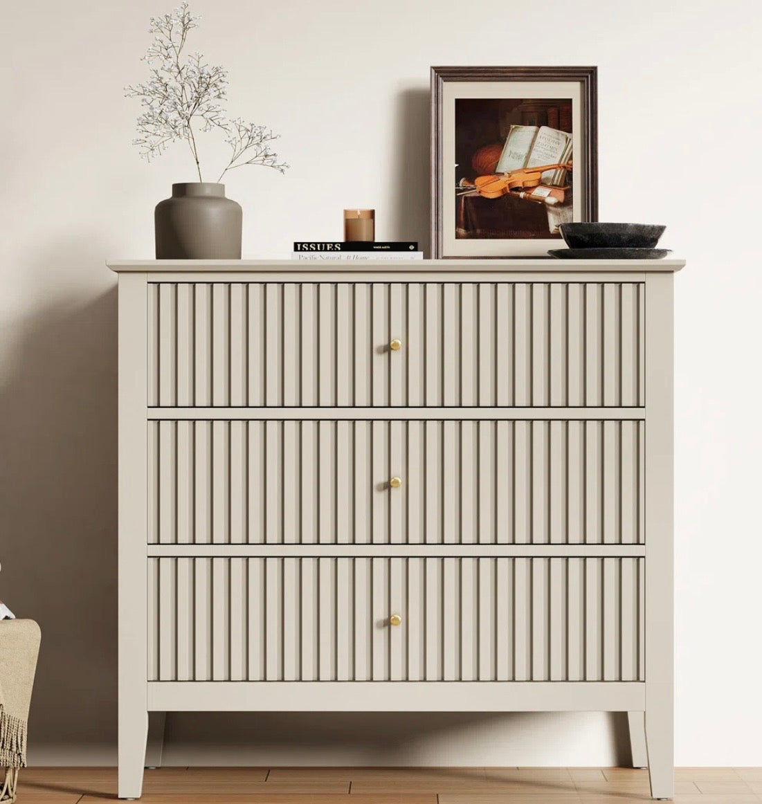 Modern Fluted 3-Drawer Wide Dresser – Minimalist Storage Cabinet