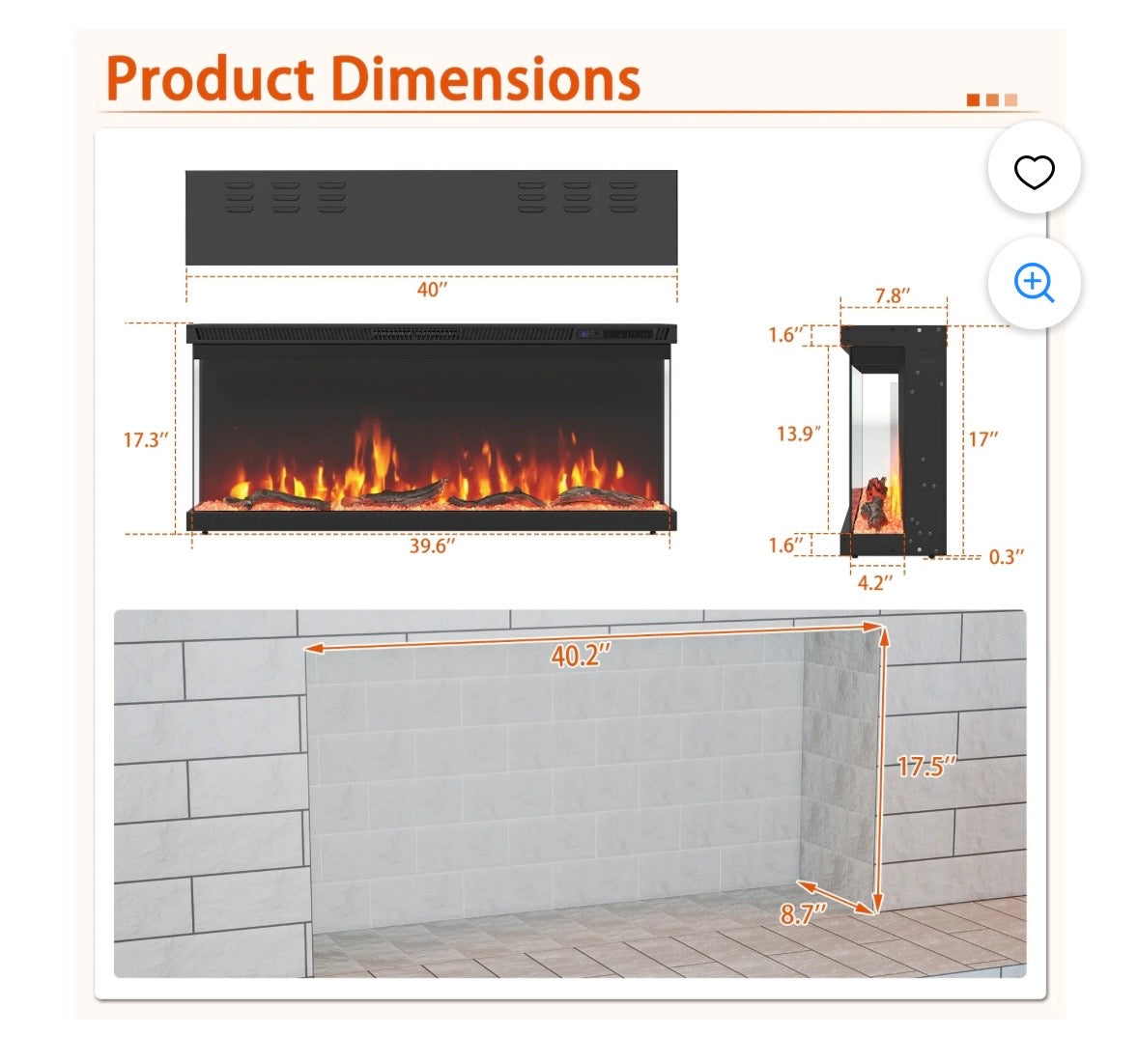 40” 3-Sided Electric Fireplace Heater – 5000 BTU