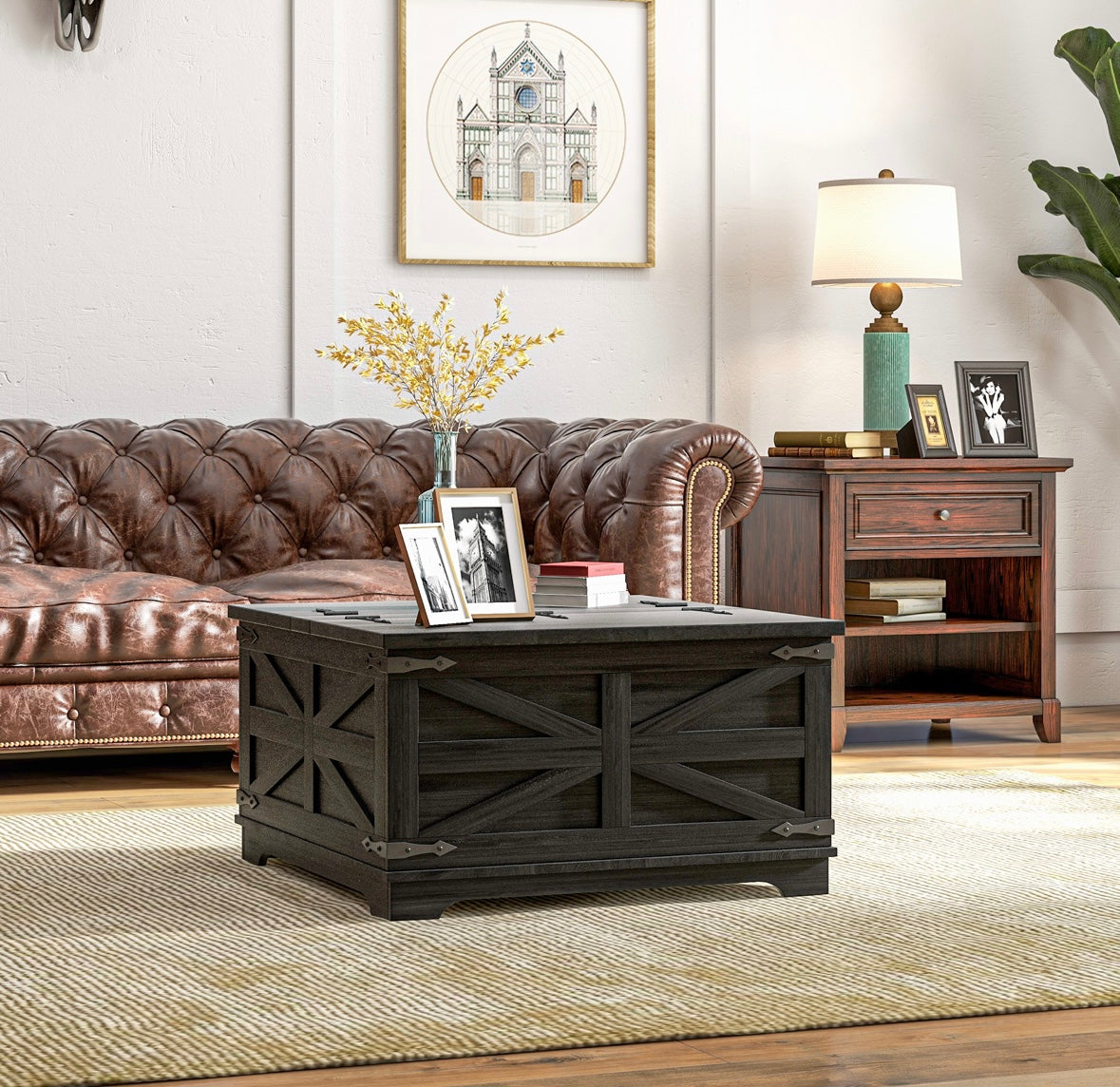 Farmhouse Lift-Top Coffee Table with Hidden Storage – Rustic Square Center Table with Flip-Top Design