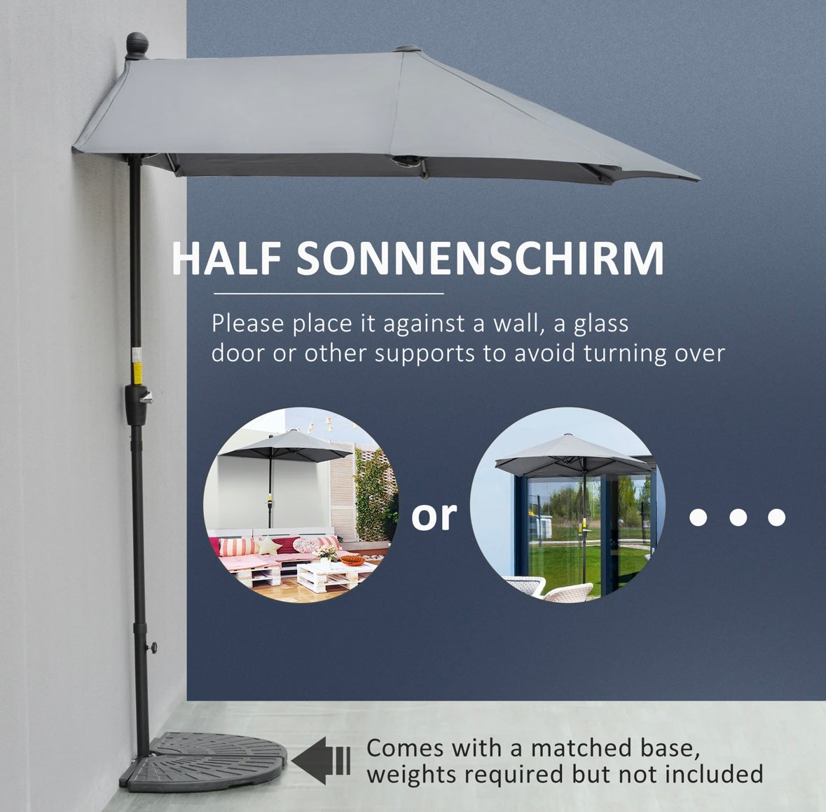 Outsunny Half Patio Umbrella — Wall-Mounted Design with Double-Sided Canopy & Crank Handle (Dark Grey)