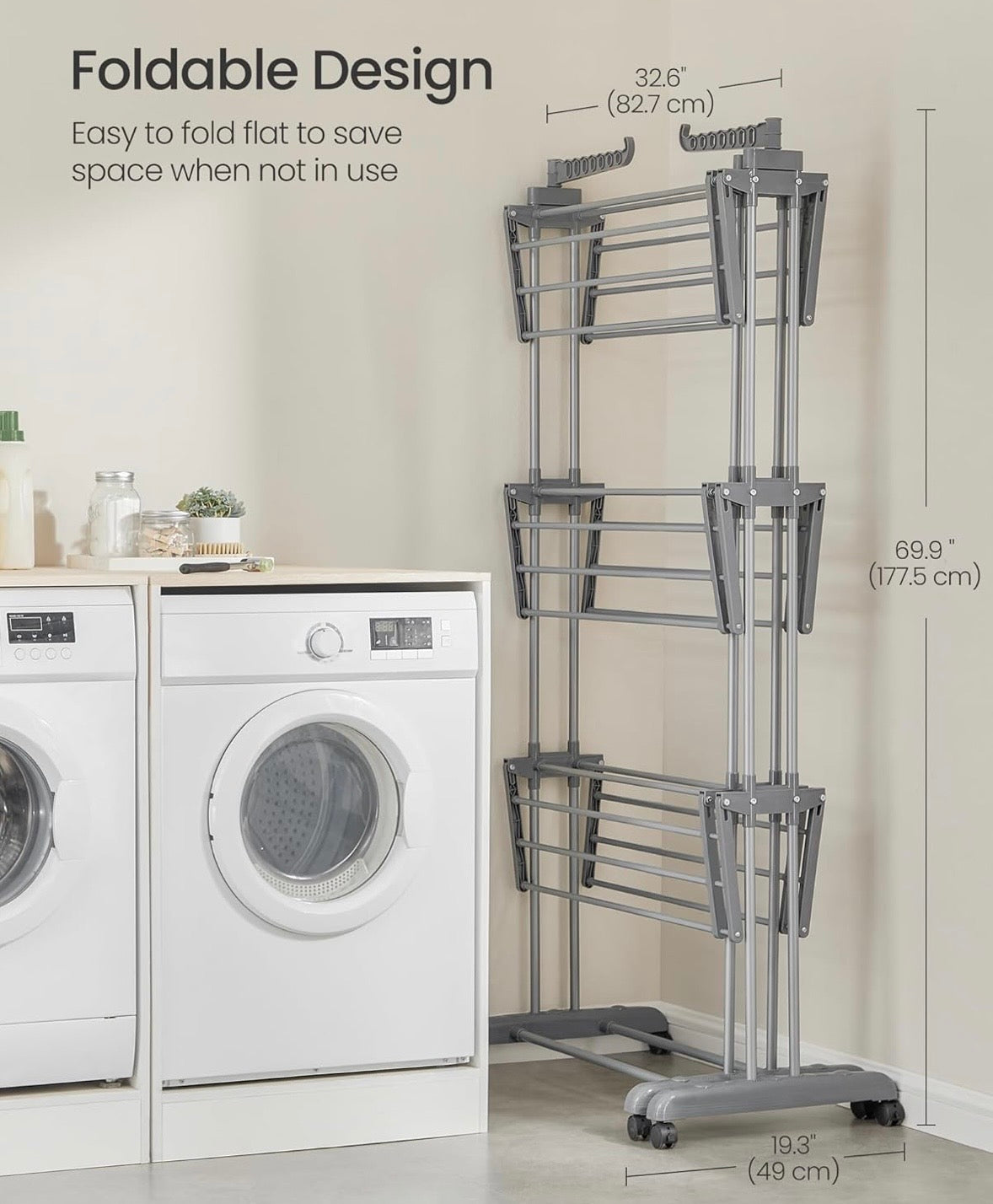 SONGMICS 4-Tier Clothes Drying Rack with Wheels – Dove Gray