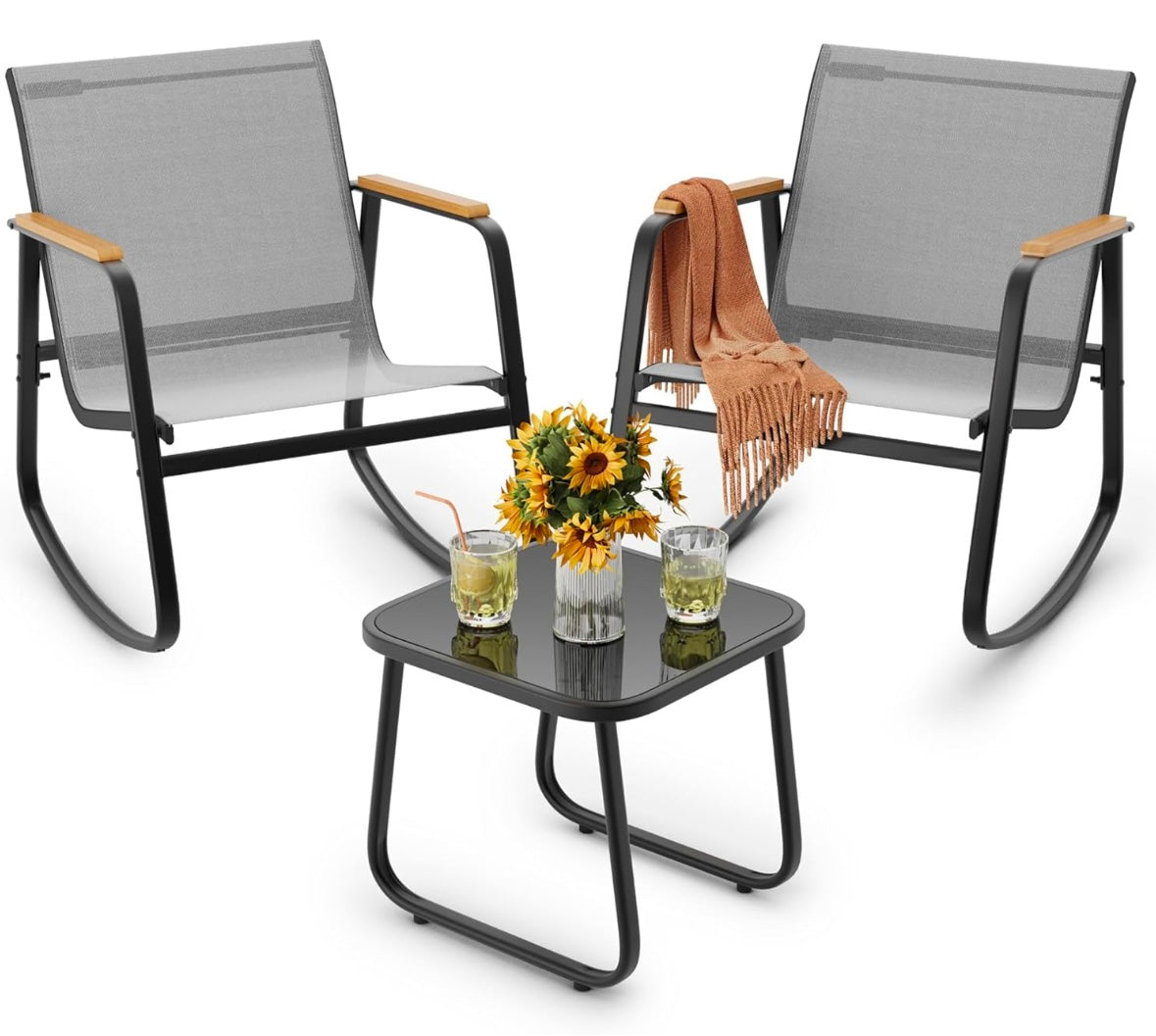 Modern Outdoor Rocking Bistro Set – Patio Conversation Set w/ Glass Table (Black)