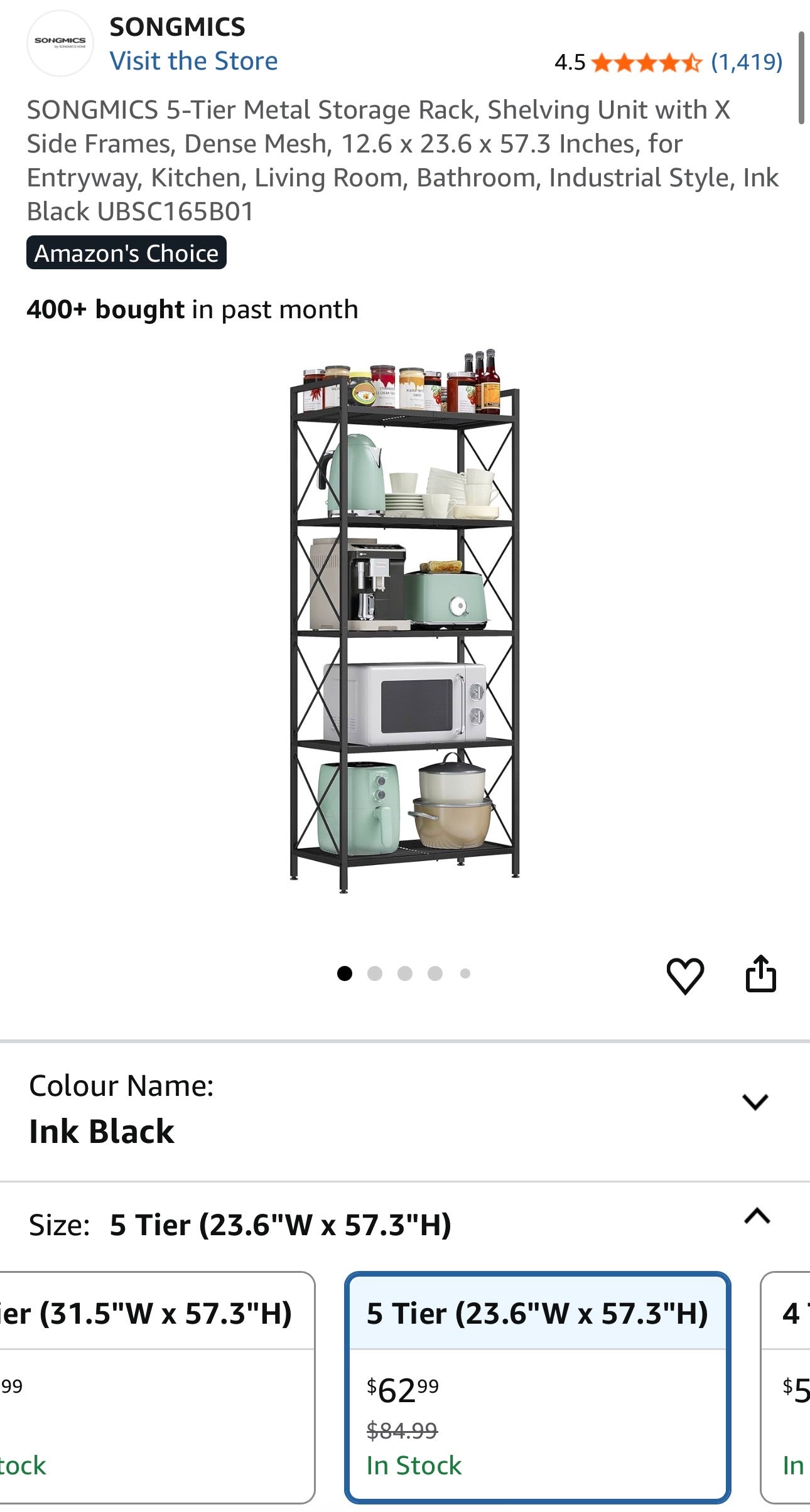 SONGMICS 5-Tier Adjustable Metal Storage Rack