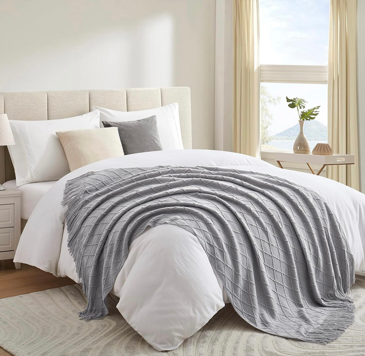 NEW – Counfeisly Grey Acrylic Knit Throw Blanket with Tassels – 50” x 60”