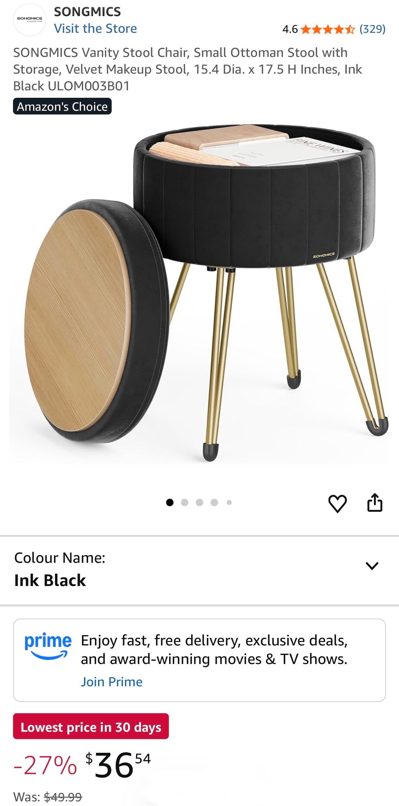 SONGMICS Velvet Round Storage Ottoman