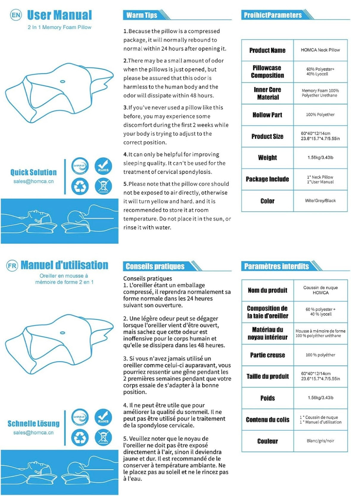 HOMCA 2-in-1 Memory Foam Cervical Pillow — Ergonomic Neck & Shoulder Support (Gray)