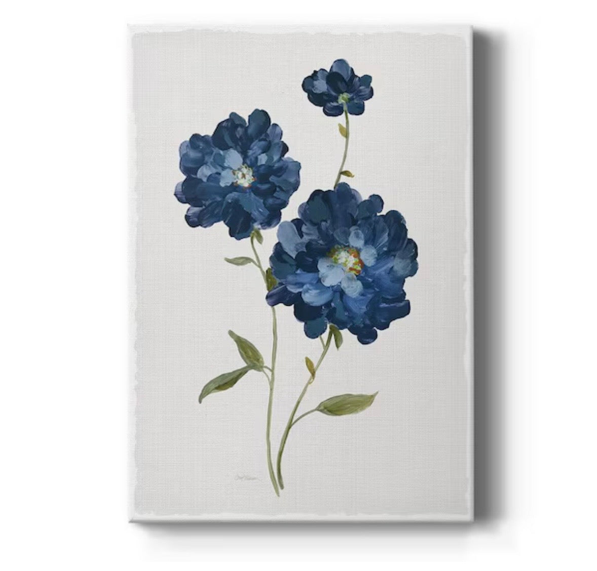 Blue Mums Floral Canvas Wall Art – Green Wood Frame (Set of 2)