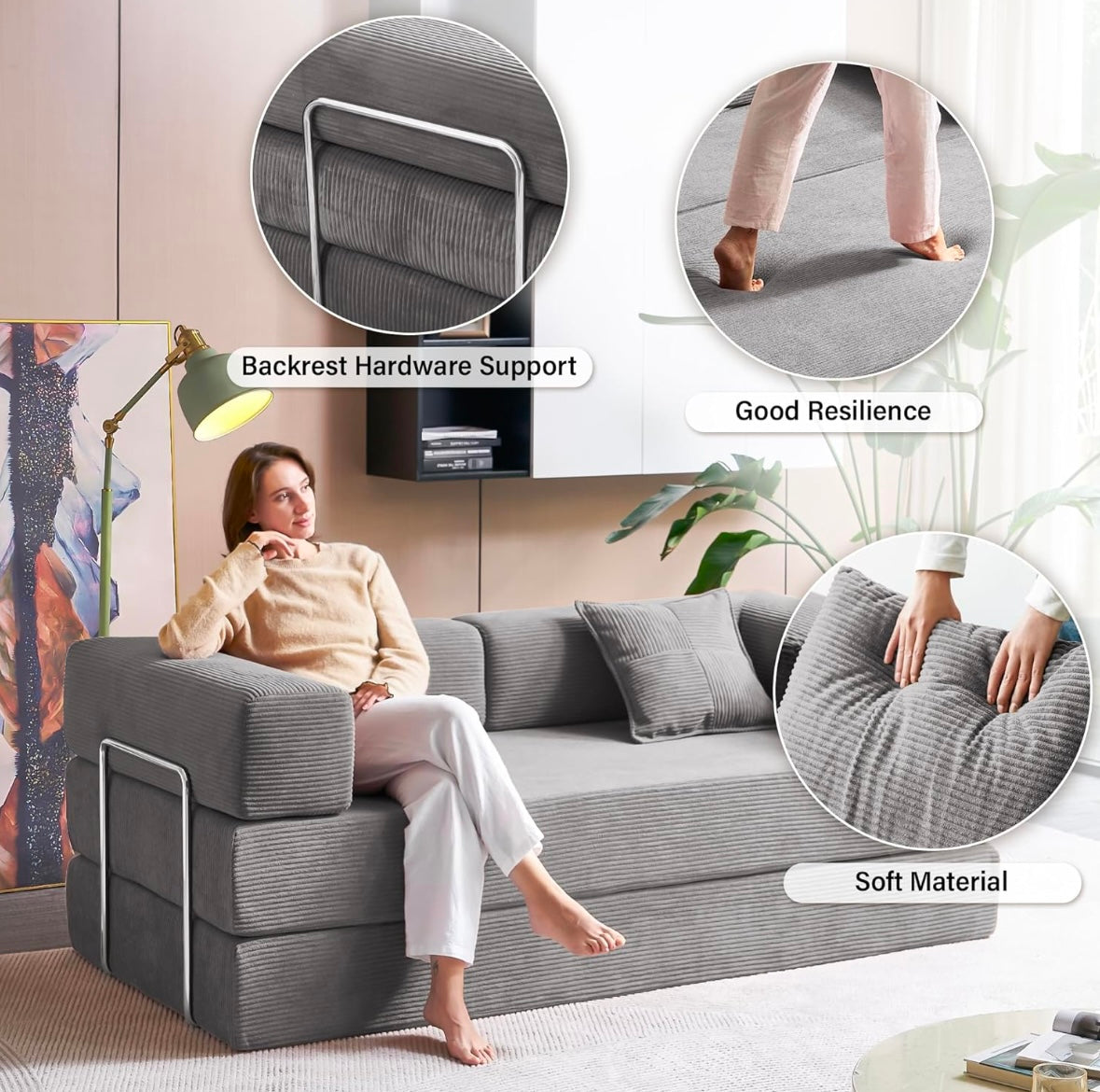 MOEYURO Convertible Foldable Floor Sofa Bed – Corduroy Sleeper Couch
