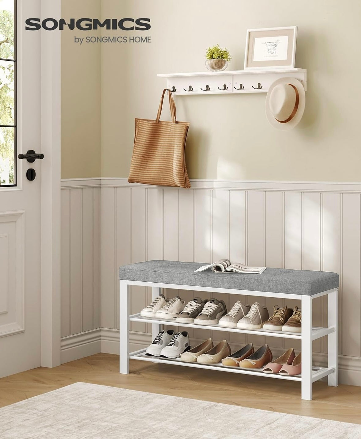Modern 2-Tier Shoe Bench with Padded Seat — Dark Gray + Cloud White