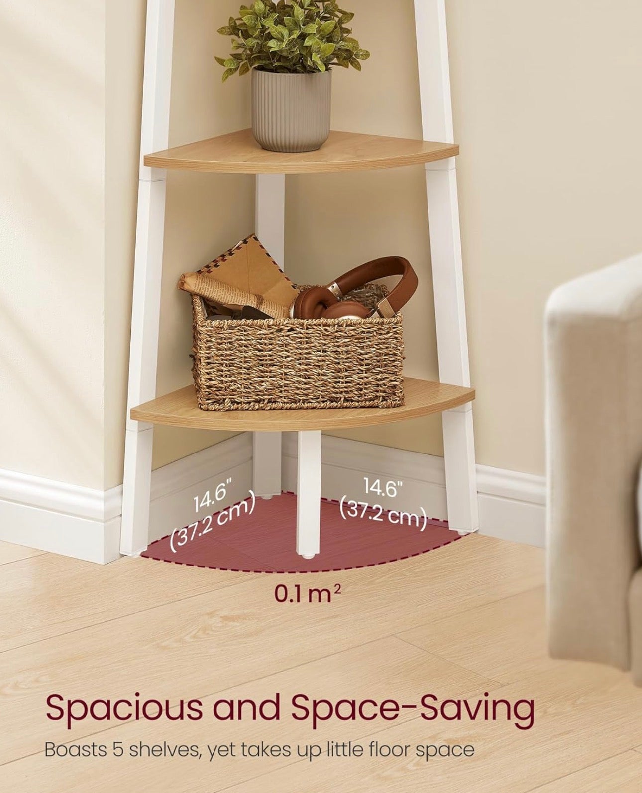5-Tier Corner Shelf – Natural Oak + Matte White
