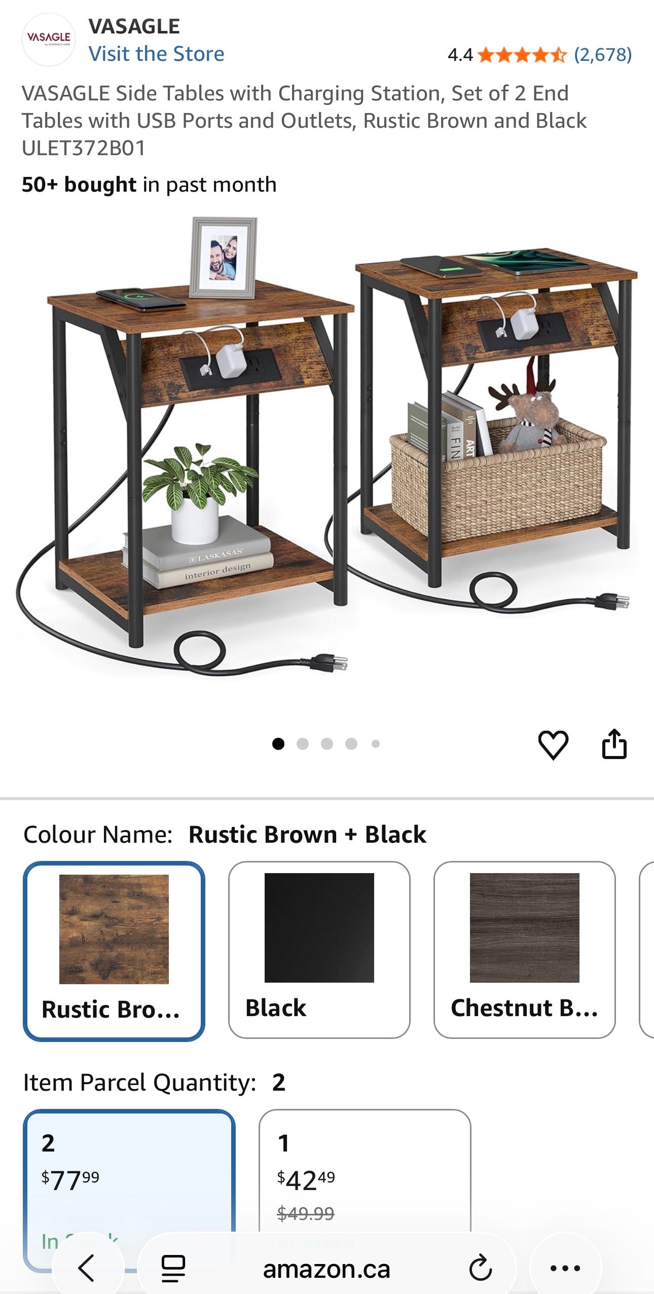 VASAGLE Side Table with Charging Station – Rustic Brown + Black