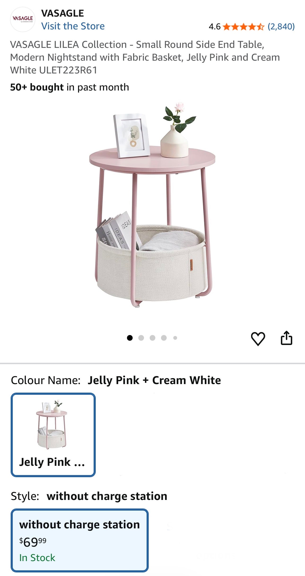 VASAGLE LILEA Round Side Table with Fabric Basket