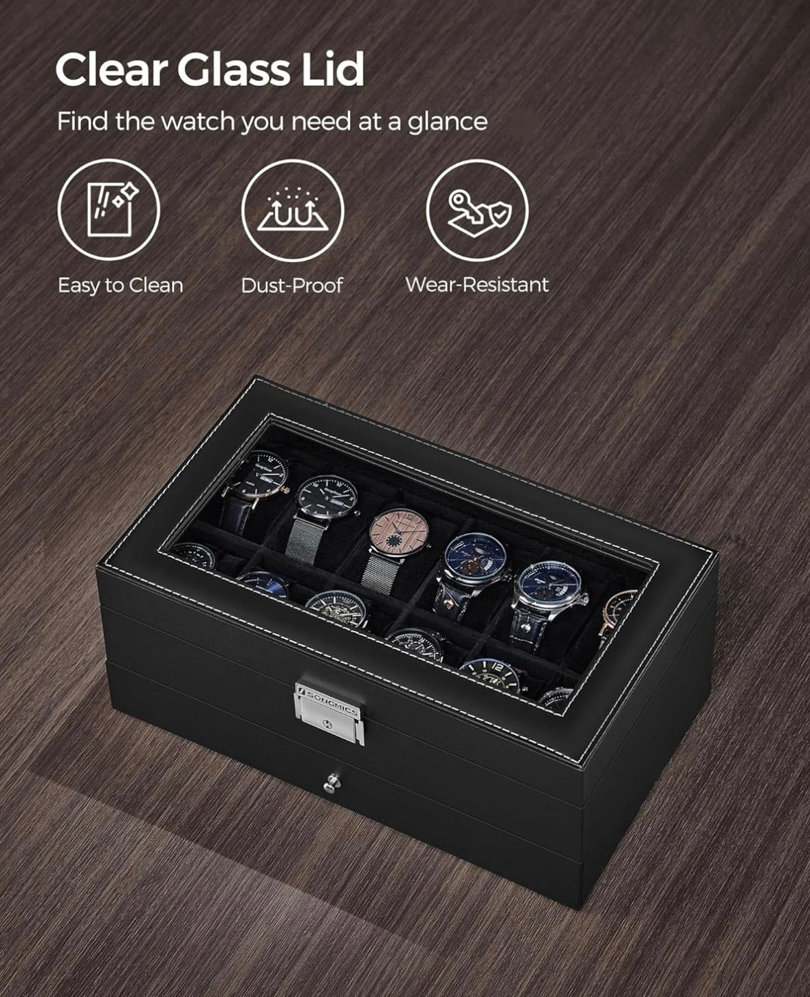 SONGMICS 12-Slot Watch Box Organizer with Glass Lid – Black