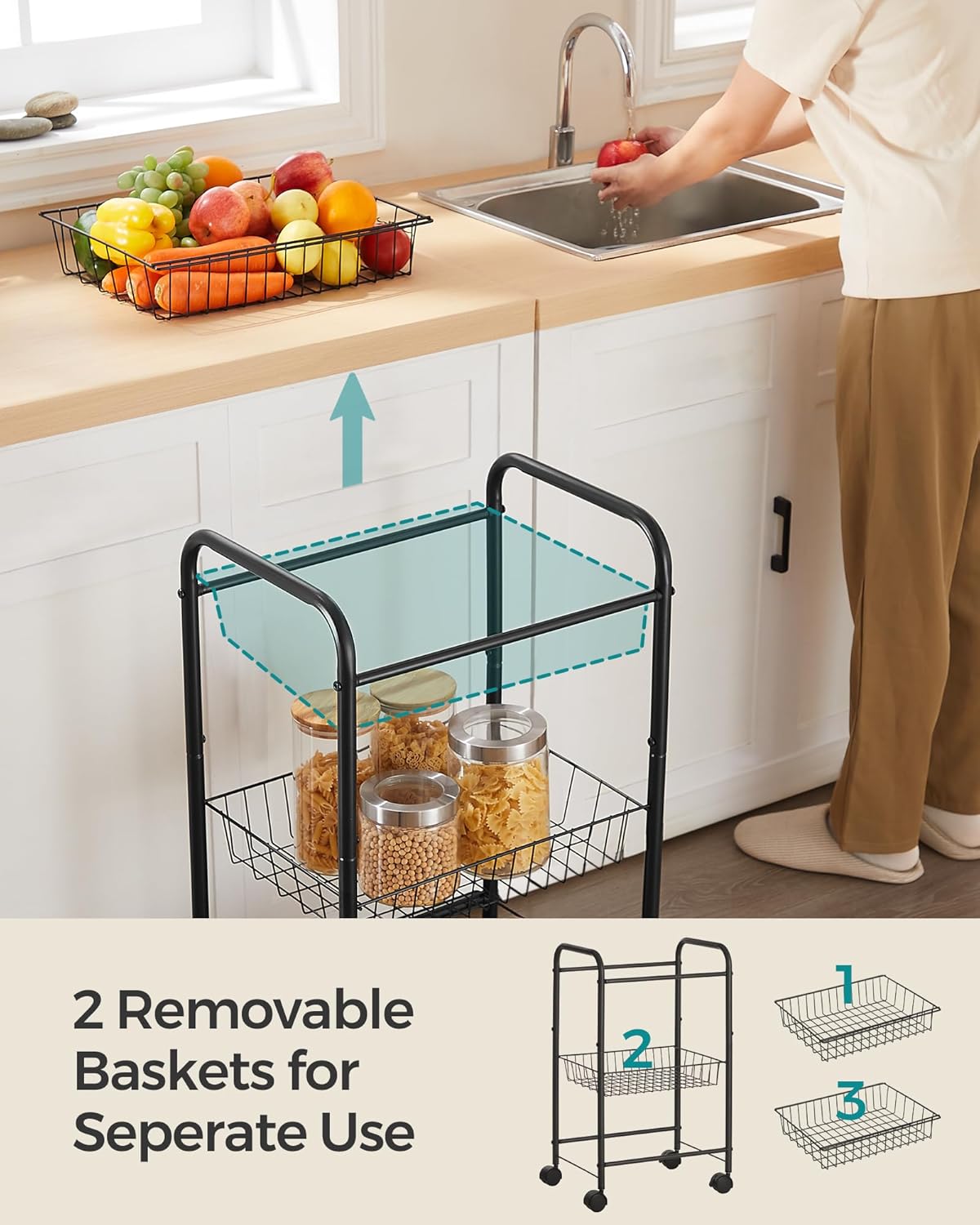 3-Tier Rolling Storage Cart – Black