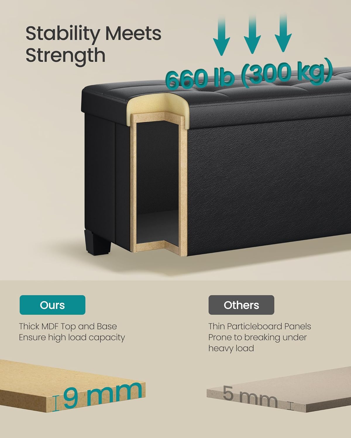 SONGMICS Foldable Storage Ottoman Bench – Ink Black (110 cm)