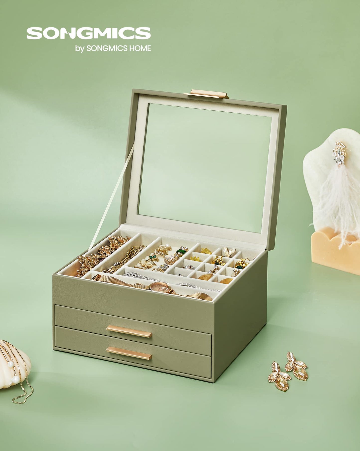 SONGMICS GISELLA Jewelry Box – Avocado Green & Gold