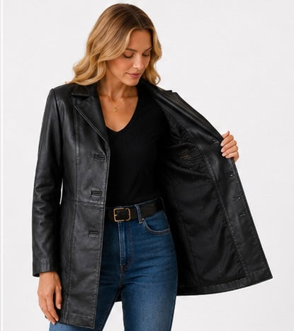 Women’s Tailored Black Leather Jacket – Classic Mid-Length Style