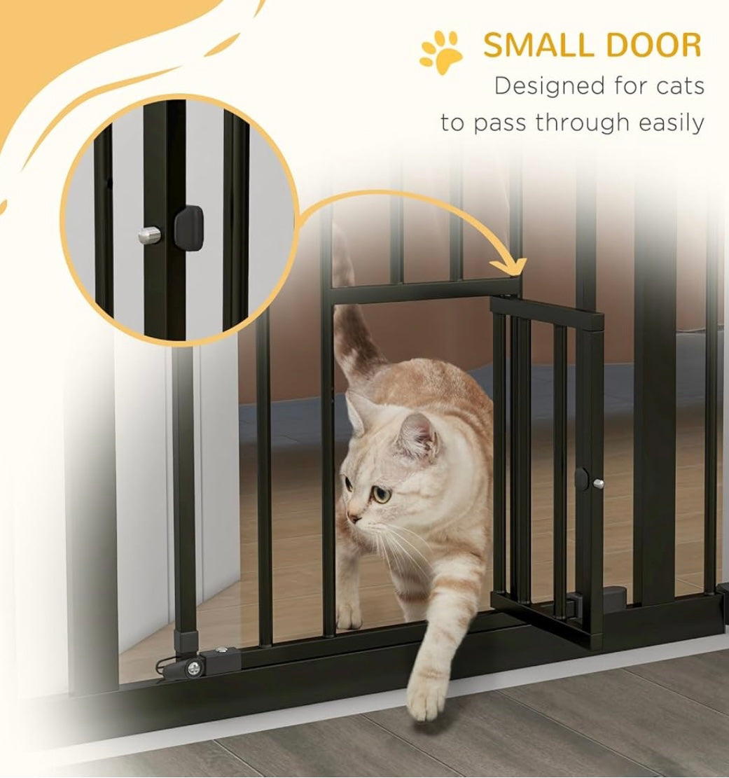 PawHut Alloy Steel Auto-Close Pet Gate – Safety Gate with Cat Door