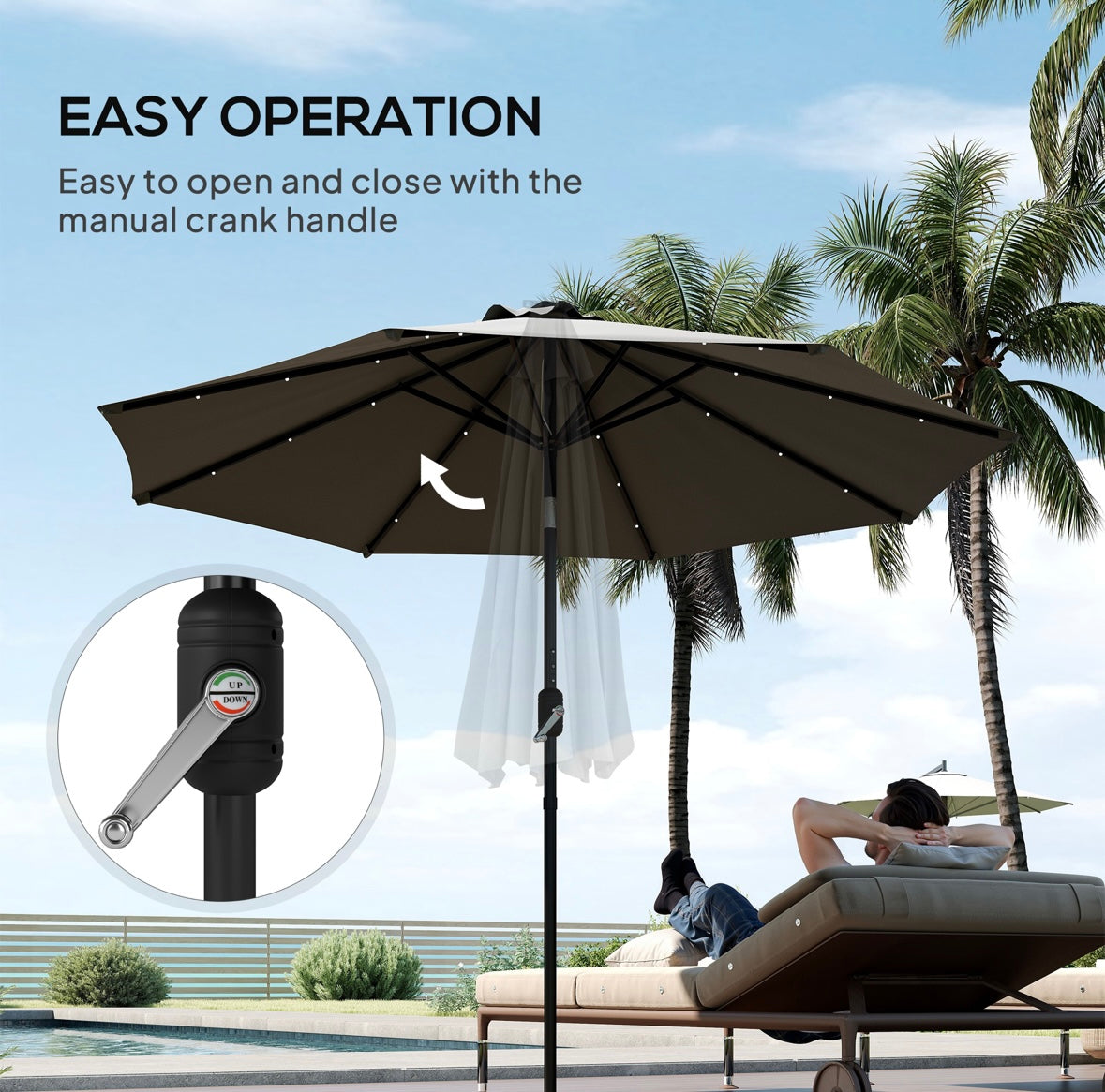 Outsunny 9ft Solar LED Patio Umbrella – 24 Lights | Tilt & Crank | Water-Resistant Canopy | Steel Frame