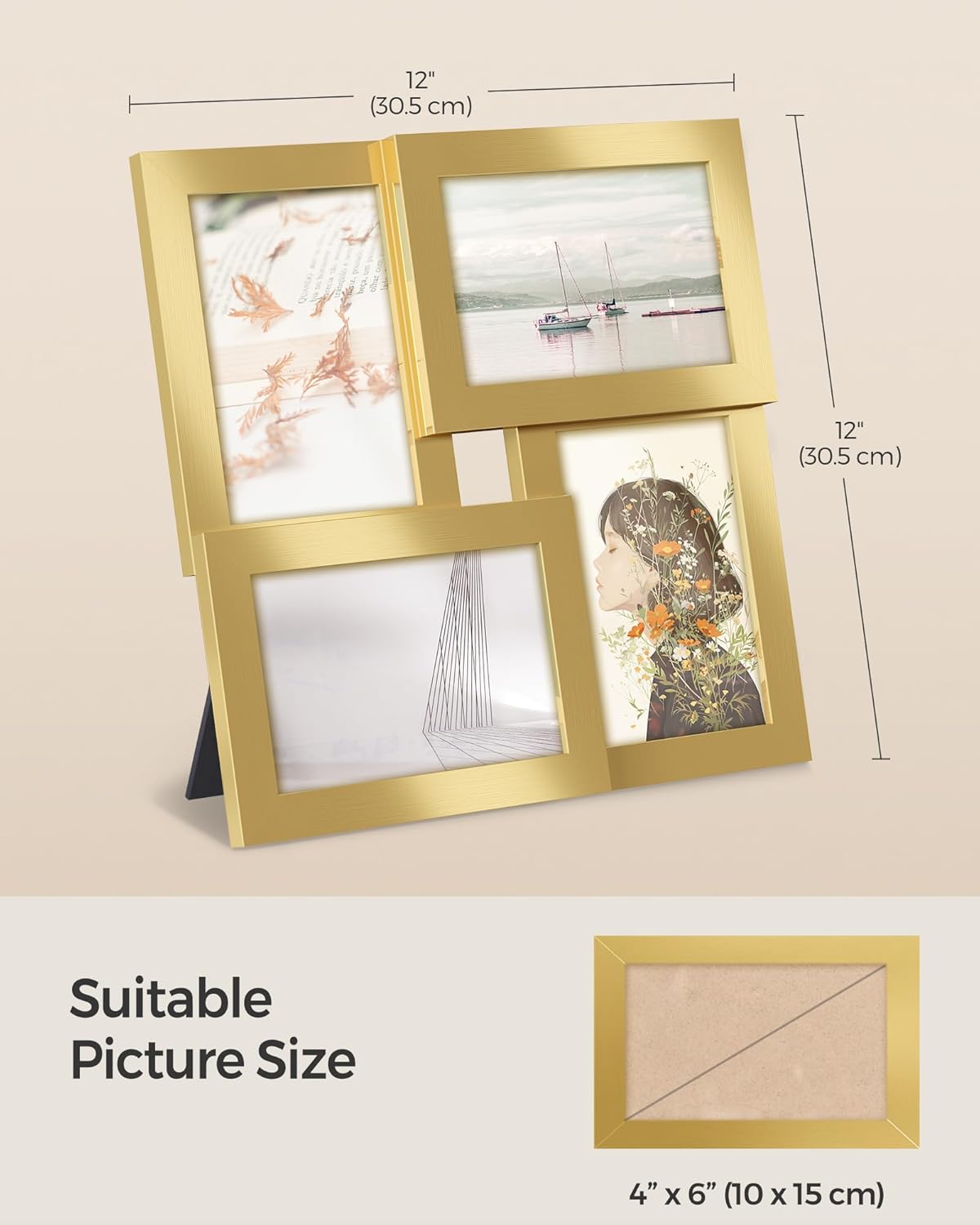 SONGMICS 4-Photo Collage Frame – Pale Gold (4 x 4x6”)