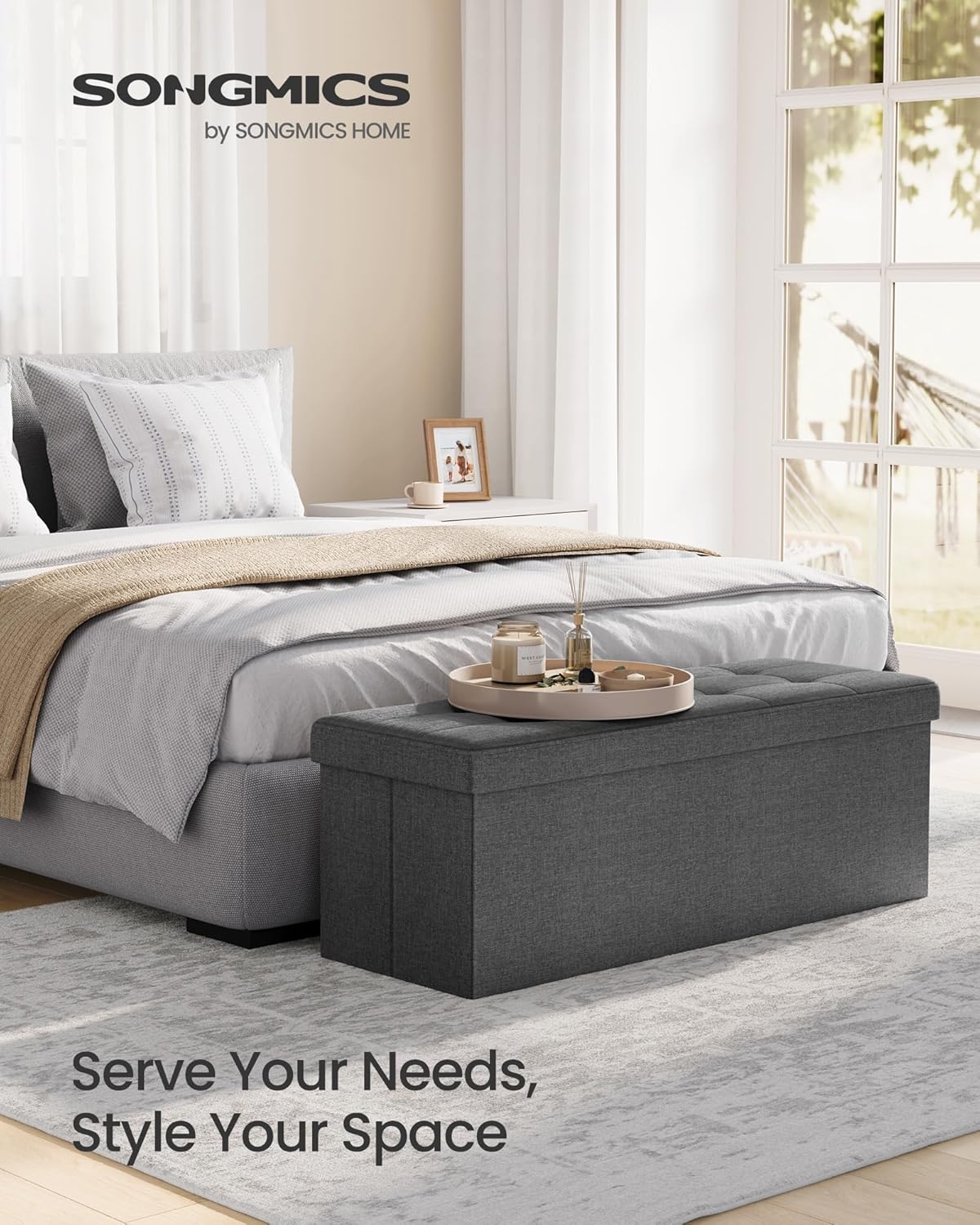 SONGMICS MAZIE Storage Ottoman Bench – Dark Gray