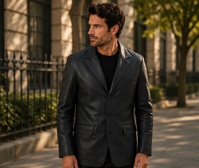 Men’s Classic Black Leather Blazer Jacket – Size 2XS