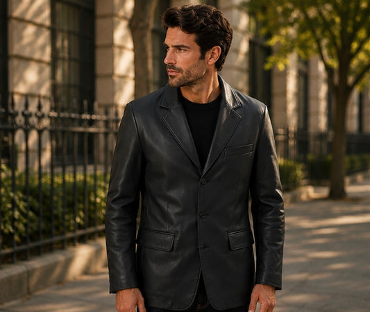Men’s Classic Black Leather Blazer Jacket – Size 2XS