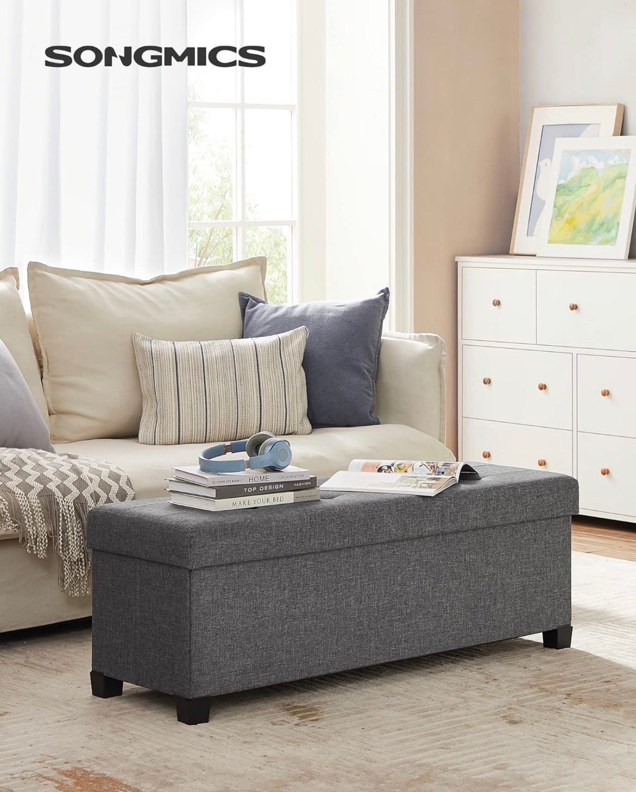 SONGMICS 43” Tufted Linen-Look Storage Ottoman Bench