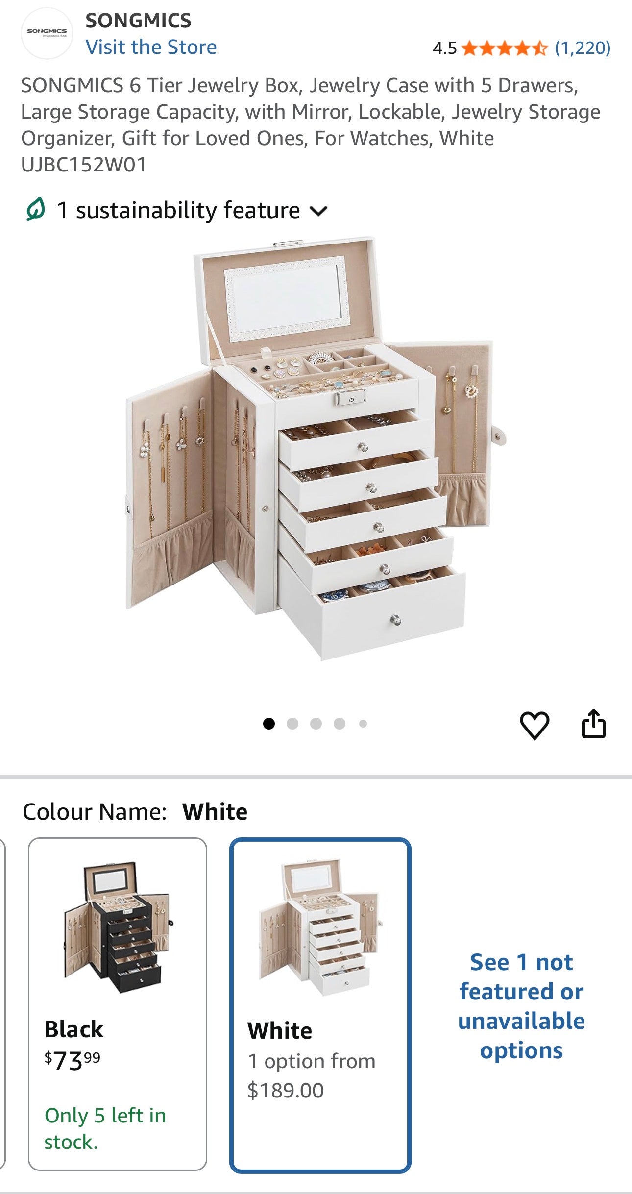 6-Tier Lockable Jewelry Organizer with Mirror