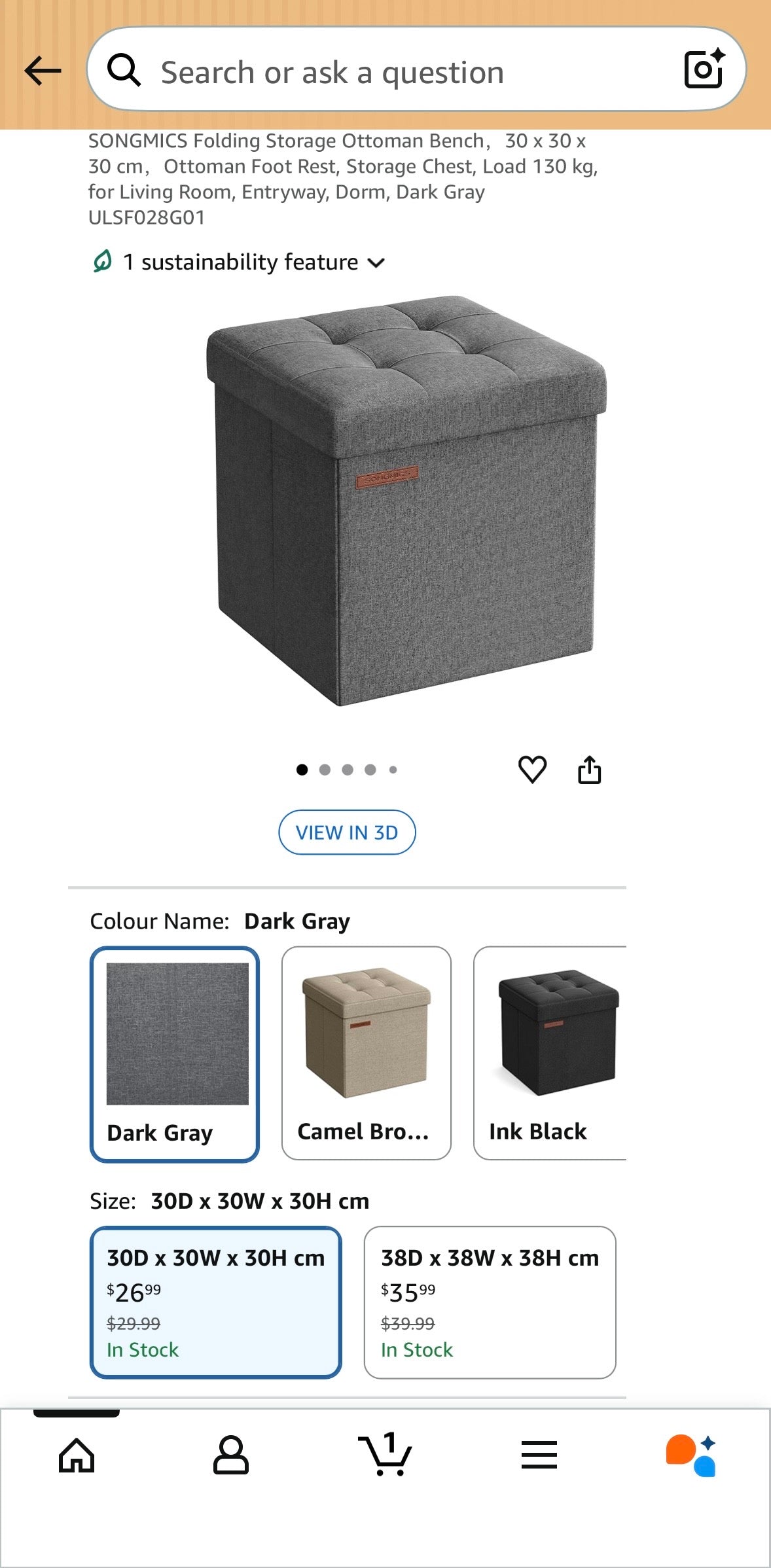 SONGMICS Foldable Storage Ottoman Cube – Dark Gray
