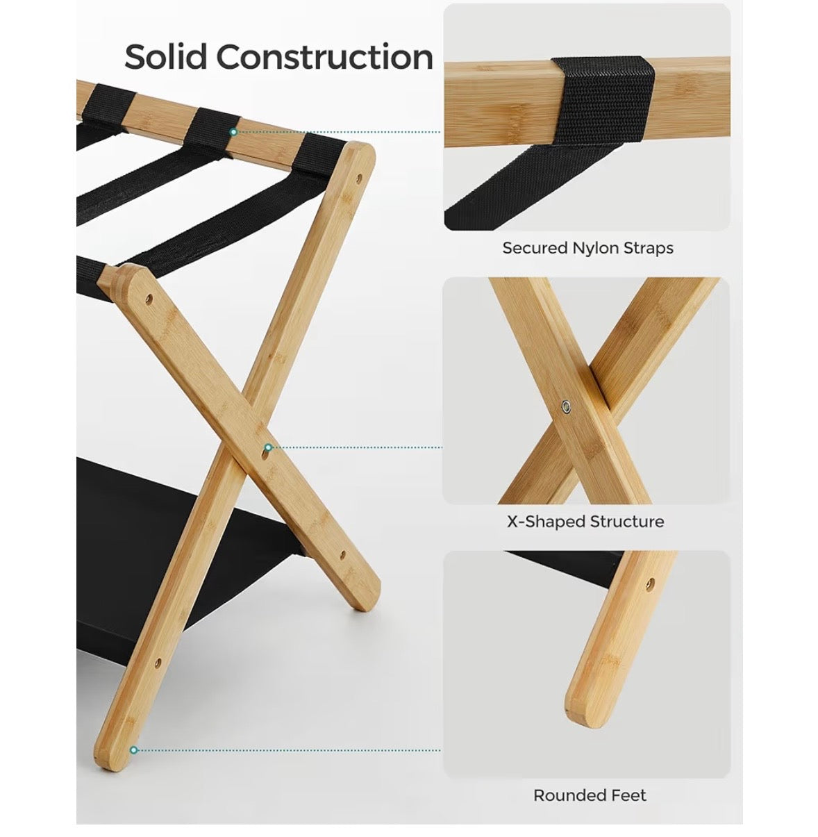 SONGMICS Bamboo Luggage Rack with Lower Storage Shelf - Natural Beige