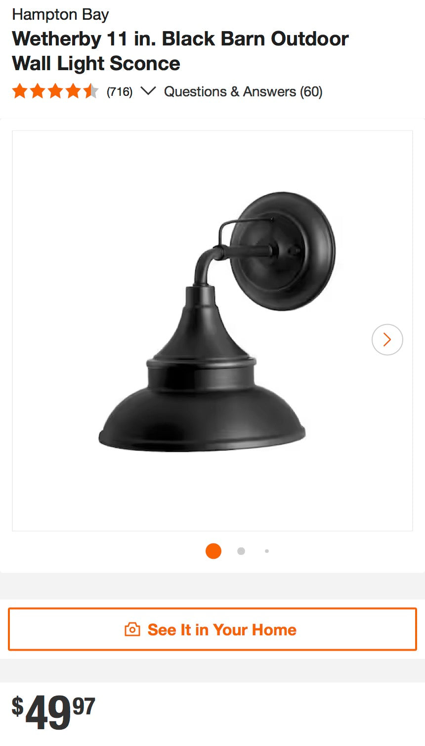 Hampton Bay Outdoor Black Barn Light Wall Sconce