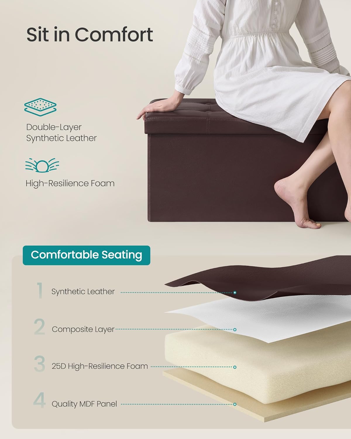 SONGMICS Folding Storage Ottoman Bench – Brown