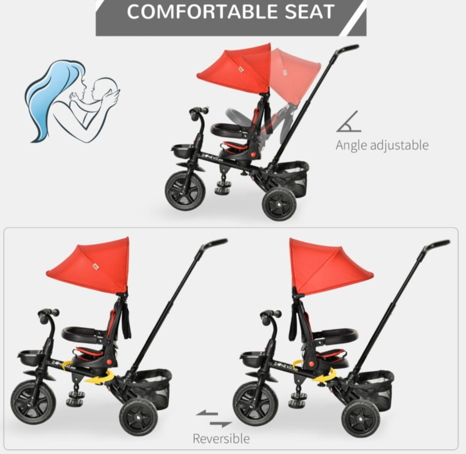4-in-1 Kids Tricycle with Parent Handle, Adjustable Seat & Canopy – Reversible Seat, Storage Baskets & Safety Belt