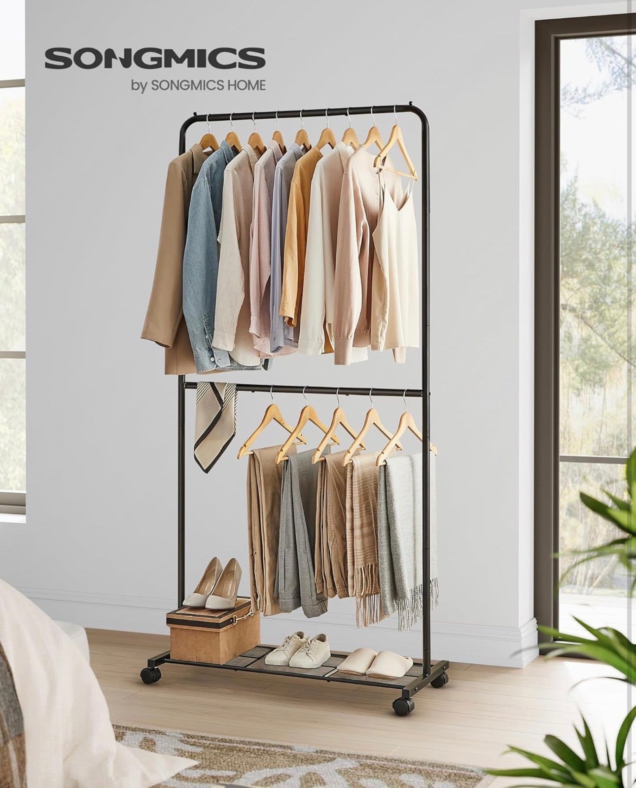 SONGMICS Adjustable Double Clothing Rack with Bottom Shelf