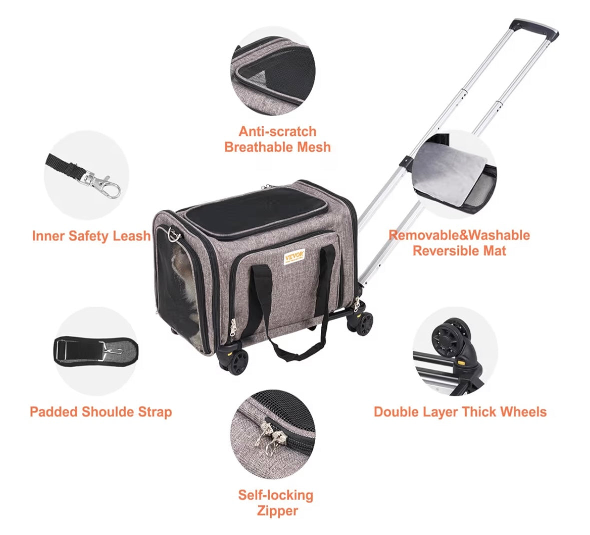 VEVOR Airline-Approved Rolling Pet Carrier — Expandable Cat & Small Dog Travel Bag (Grey)