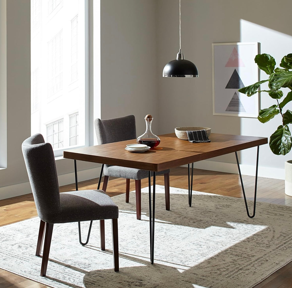 Rivet Modern Walnut-Finish Dining Table with Black Metal Hairpin Legs