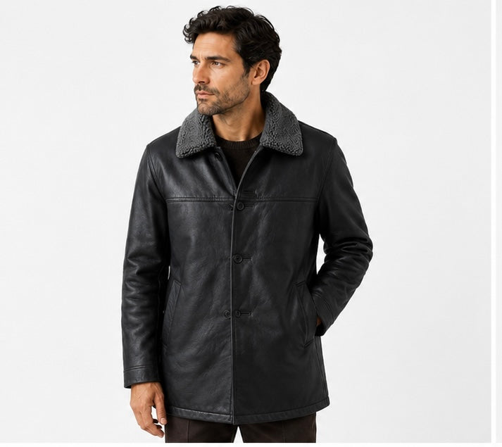 Men’s Black Sherpa Collar Leather Jacket