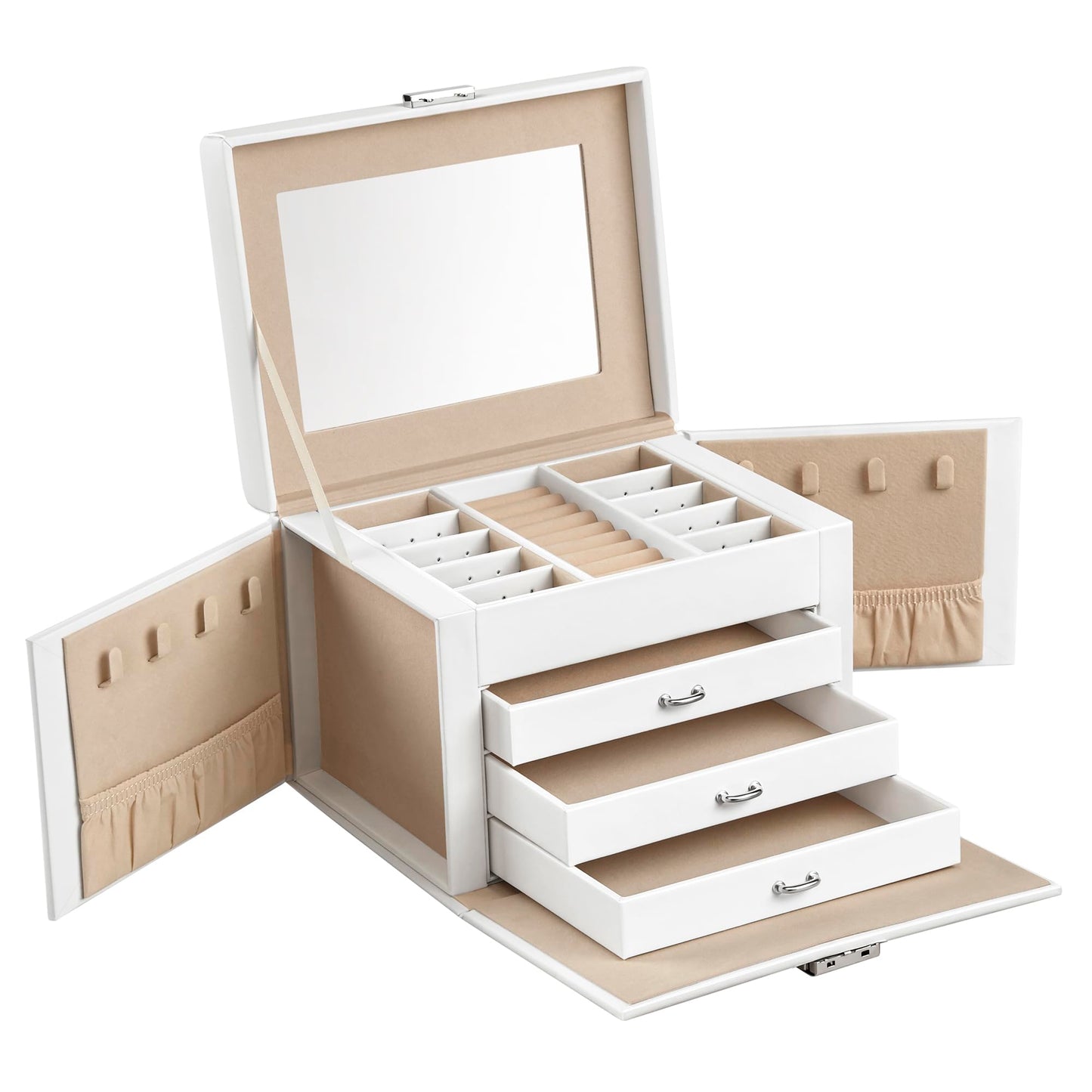 SONGMICS 4-Tier Lockable Jewelry Box with Mirror – Classic White