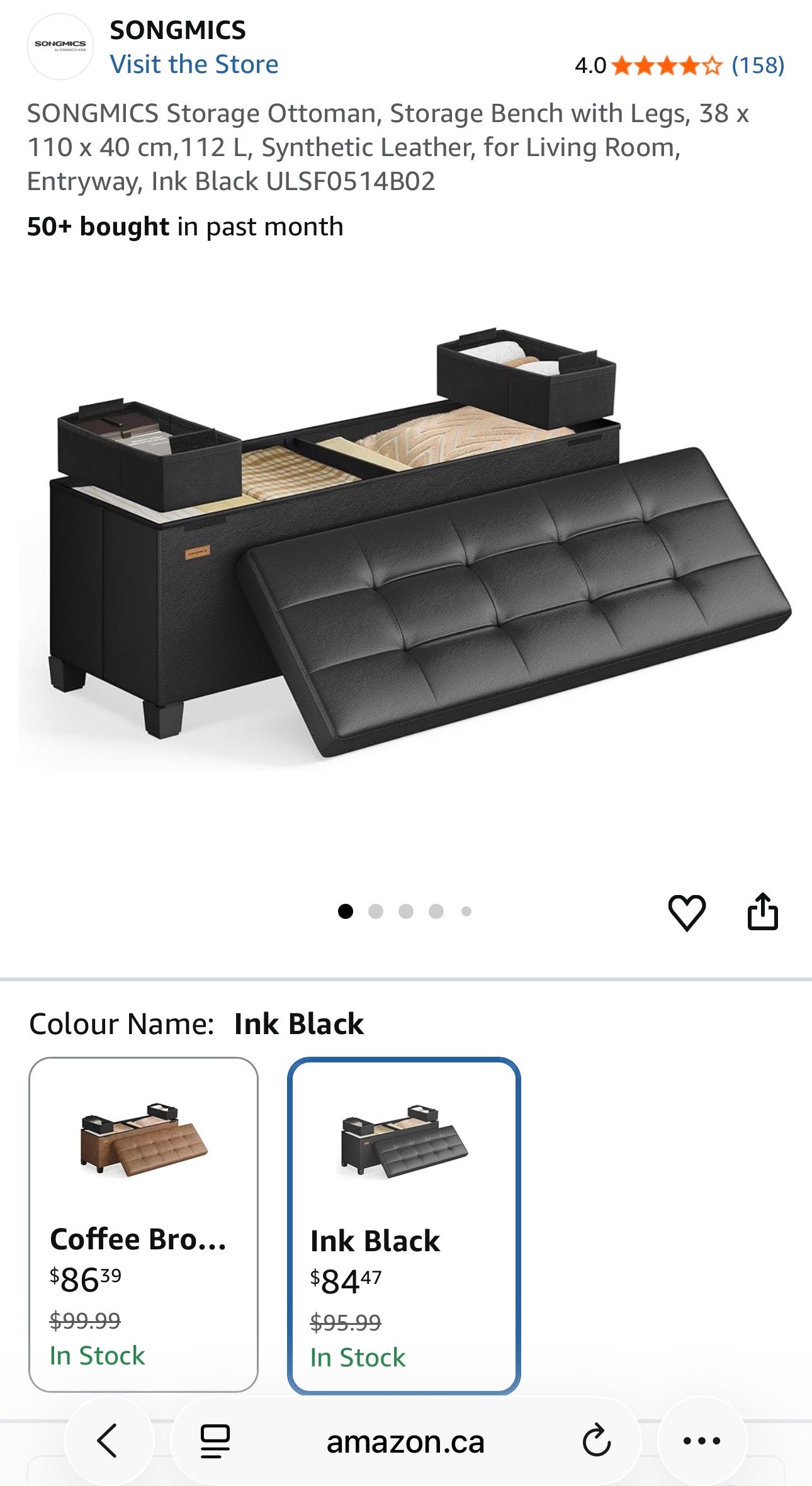 SONGMICS Foldable Storage Ottoman Bench – Ink Black (110 cm)